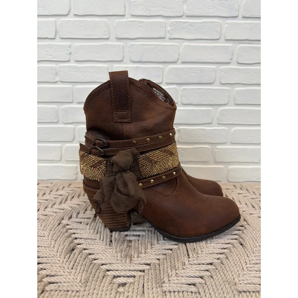 Not Rated Western Beaded Ankle Booties Brown Studded Wedge 10M